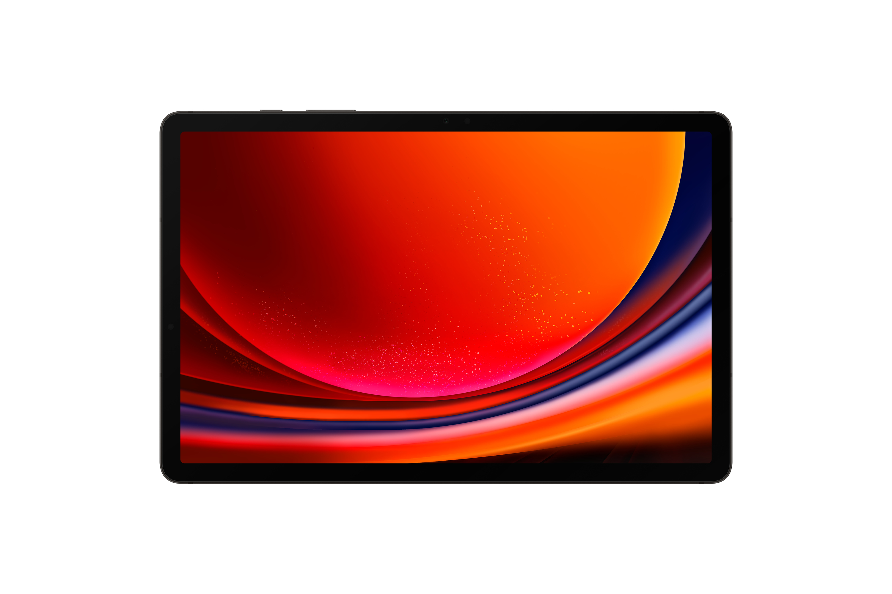 Tablet z kolorowym ekranem. Ekran wyświetla pomarańczowy, czerwony i niebieski gradient.