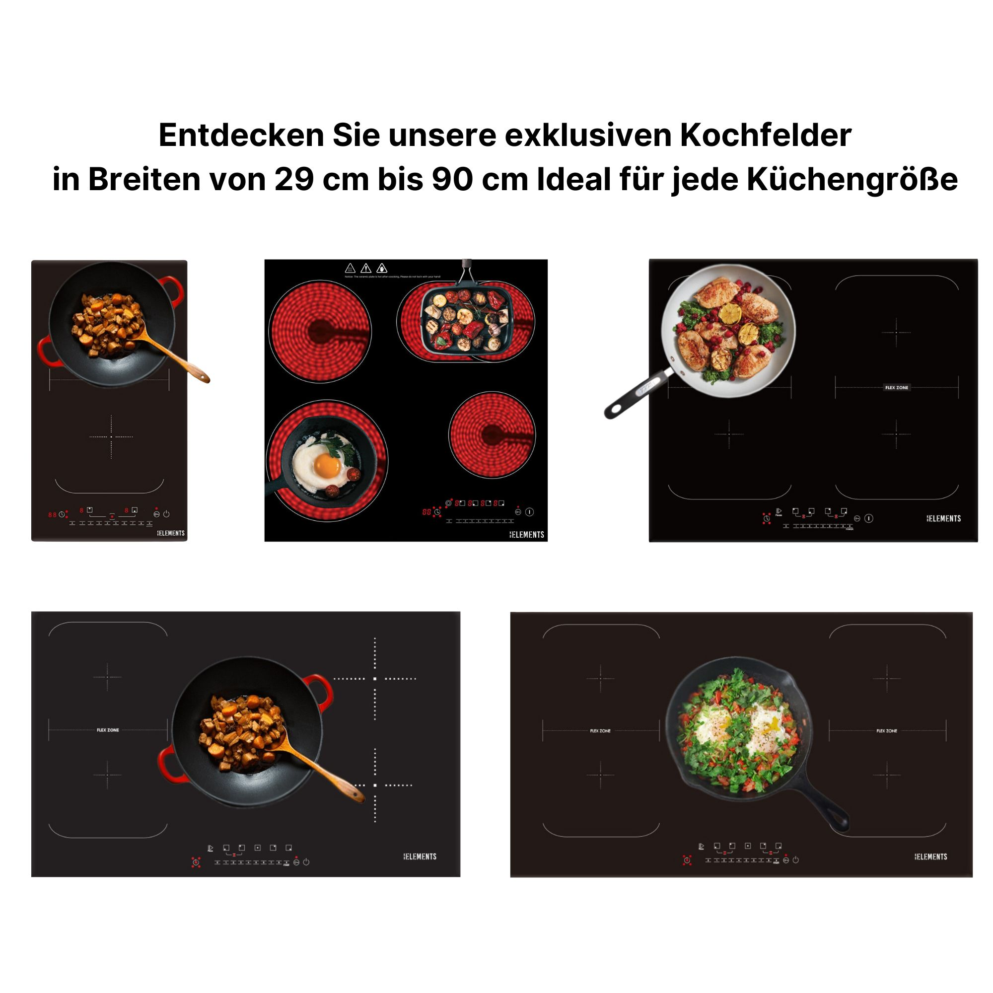 Schwarze Kochfelder mit verschiedenen Kochflächen. Das Bild zeigt verschiedene Arten von Kochfeldern.