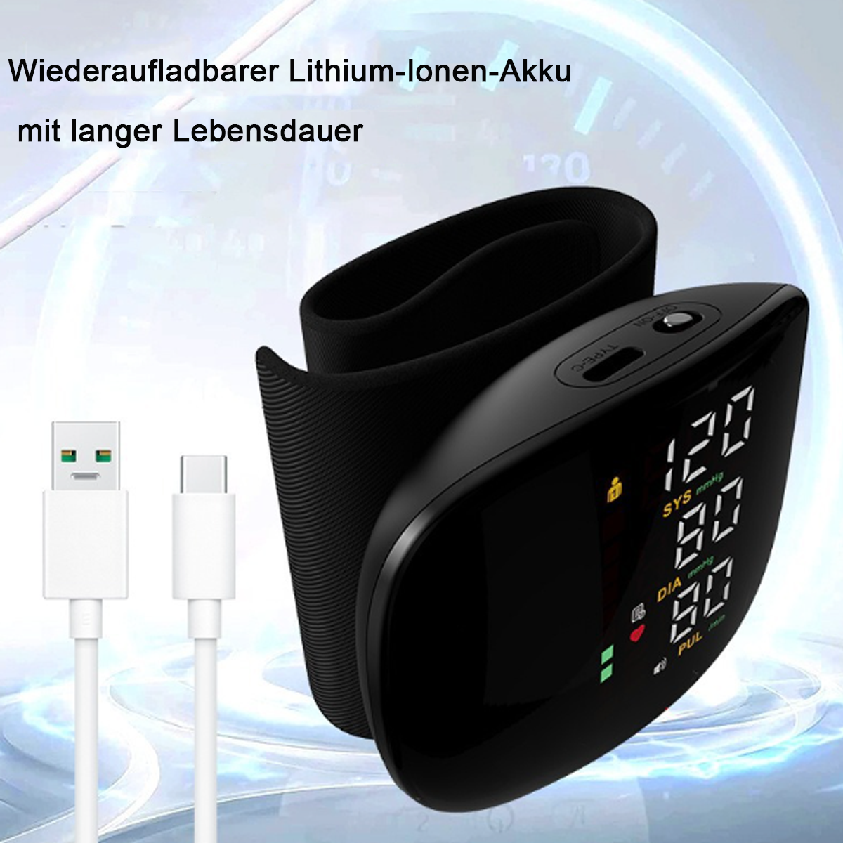Schwarzes Blutdruckmessgerät mit einem Bildschirm, der Messwerte anzeigt, und zwei weißen Ladekabeln.