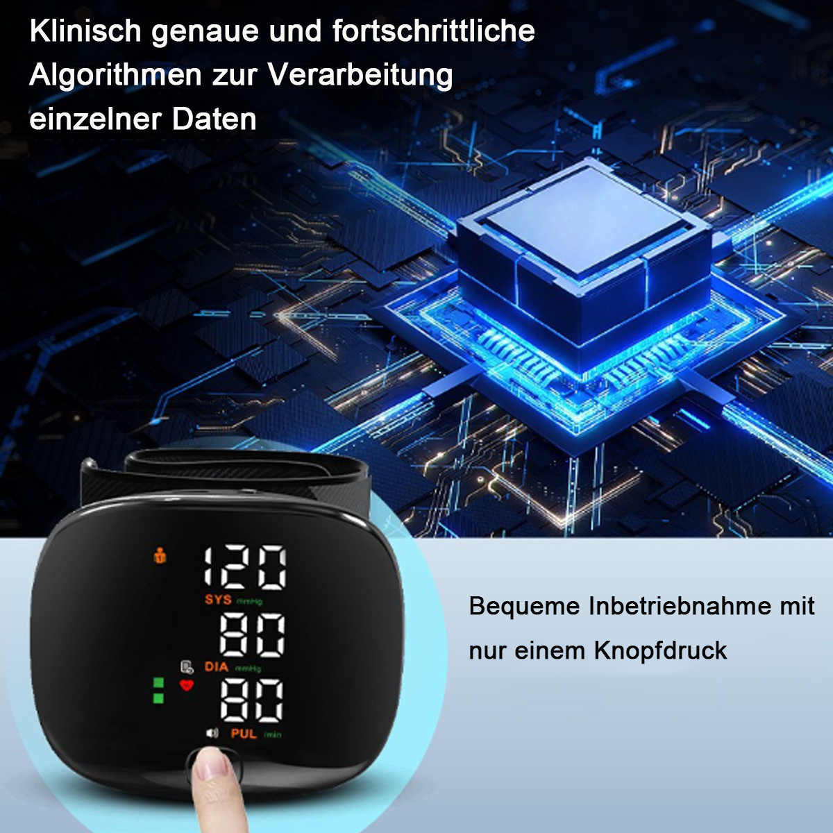 Ein schwarzes Gerät, das Zahlen anzeigt, und ein Finger, der auf einen Knopf zeigt, mit blauem Hintergrund.