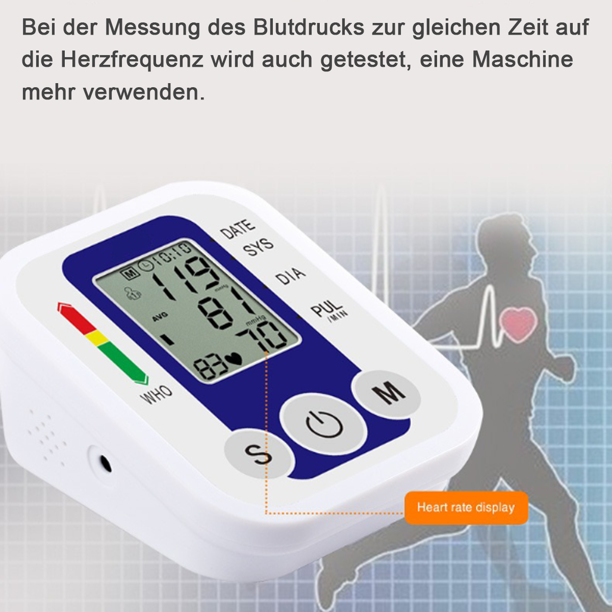 Weißes Blutdruckmessgerät mit Anzeige der Messwerte und Herzfrequenzanzeige.