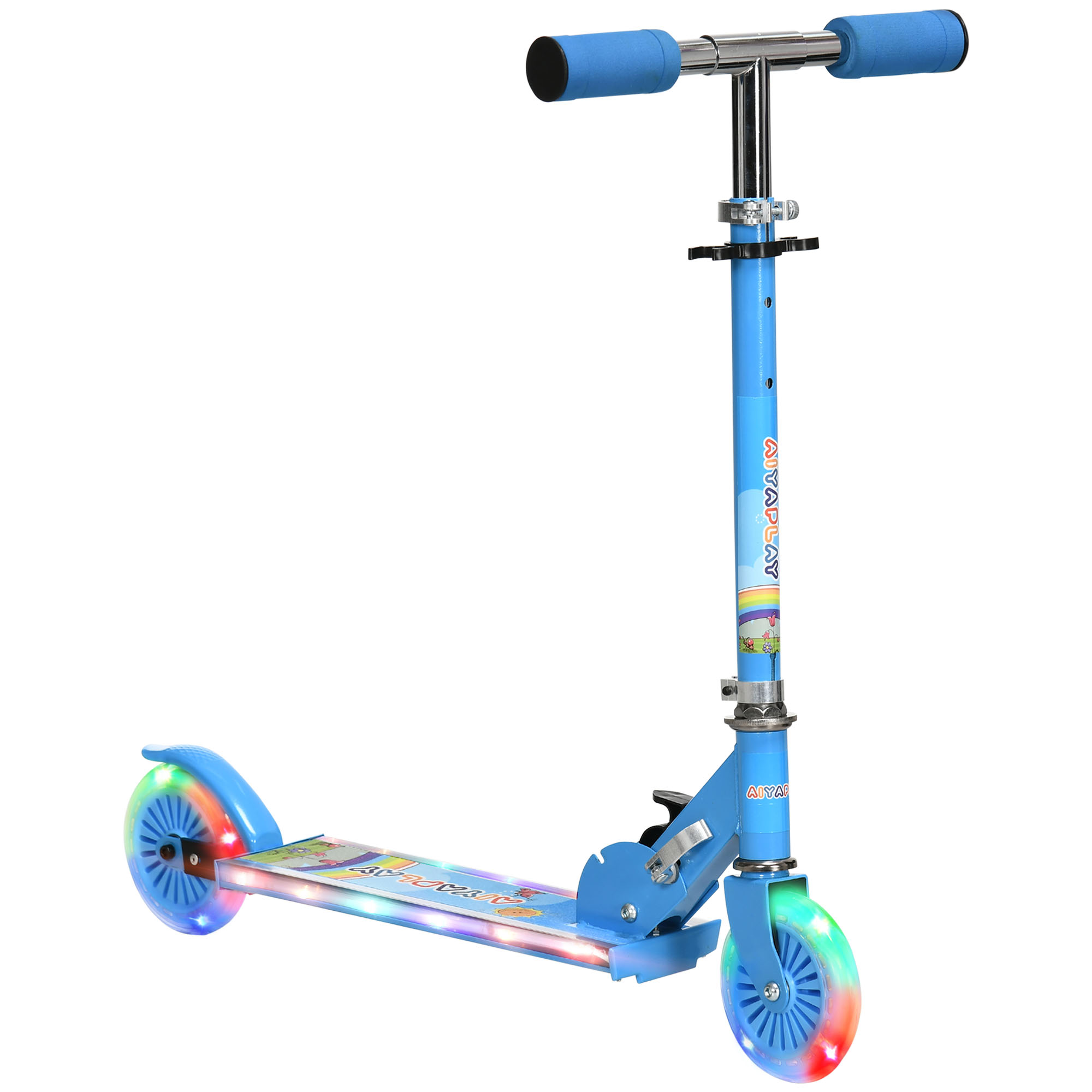 Scooter blu con luci colorate su ruote e pedana, isolato su bianco.