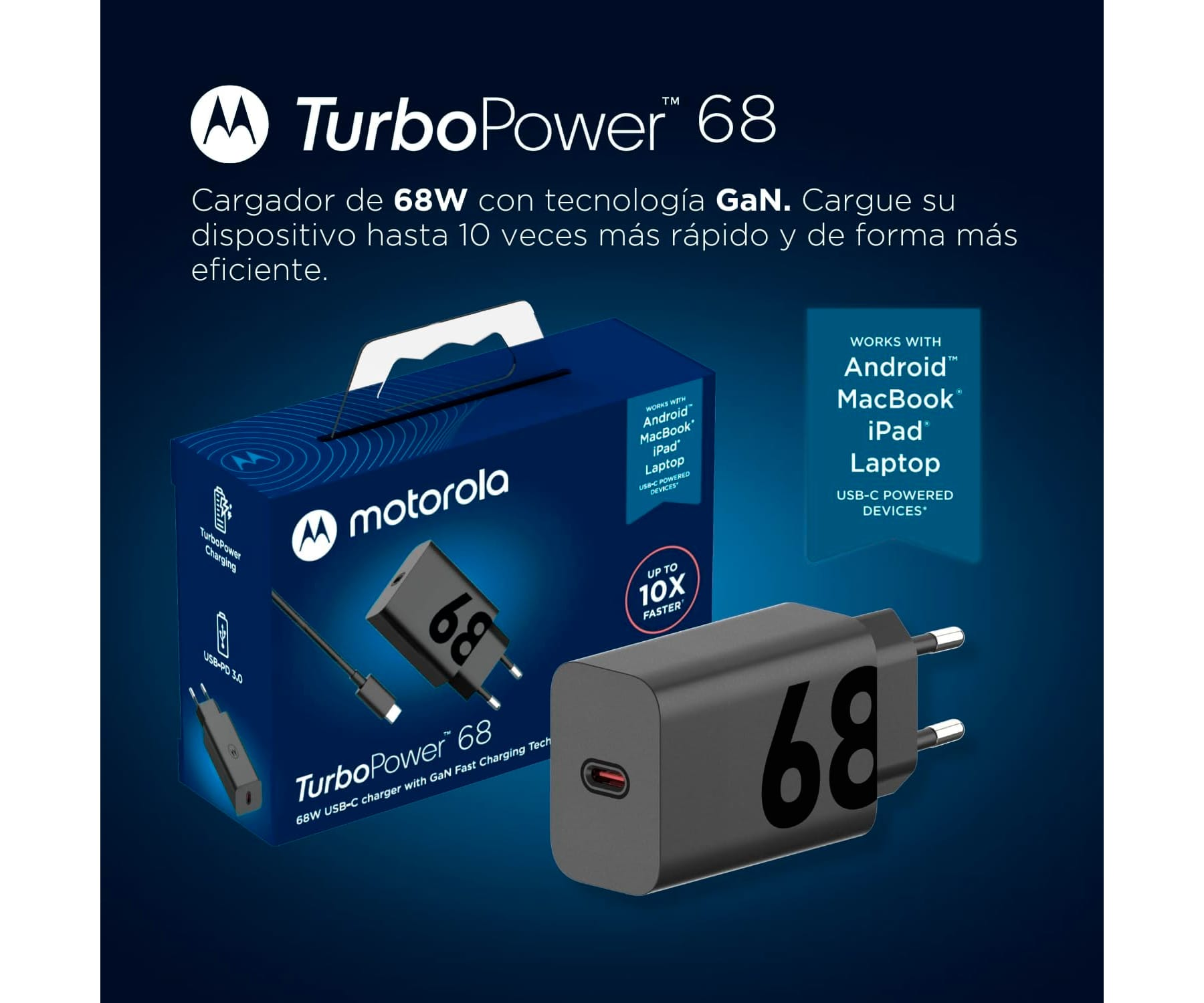 Motorola TurboPower 68 Ladegerät mit Box und Ladegerät.