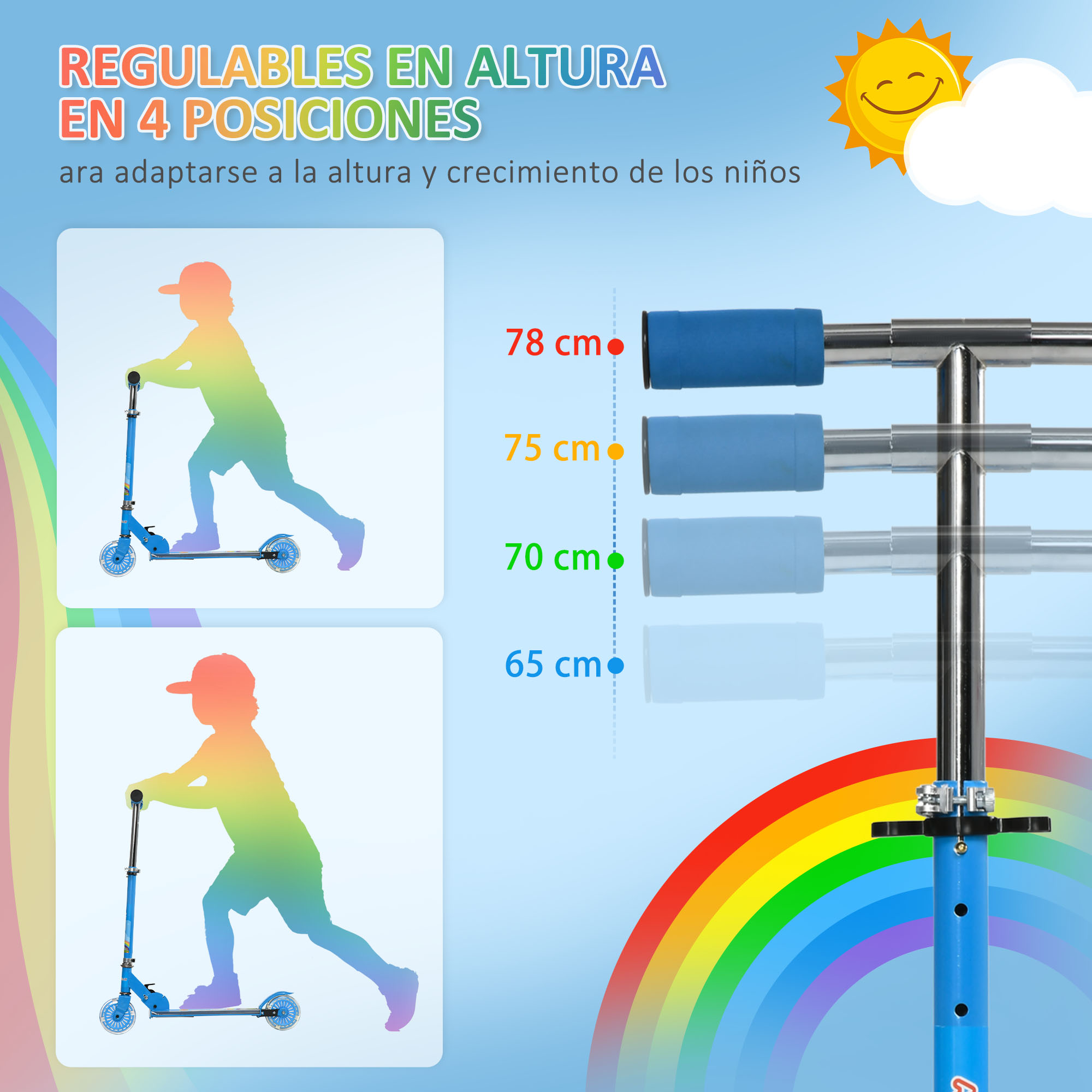 Patinete azul con indicadores de ajuste de altura. Dos siluetas de niños al lado. Fondo soleado.