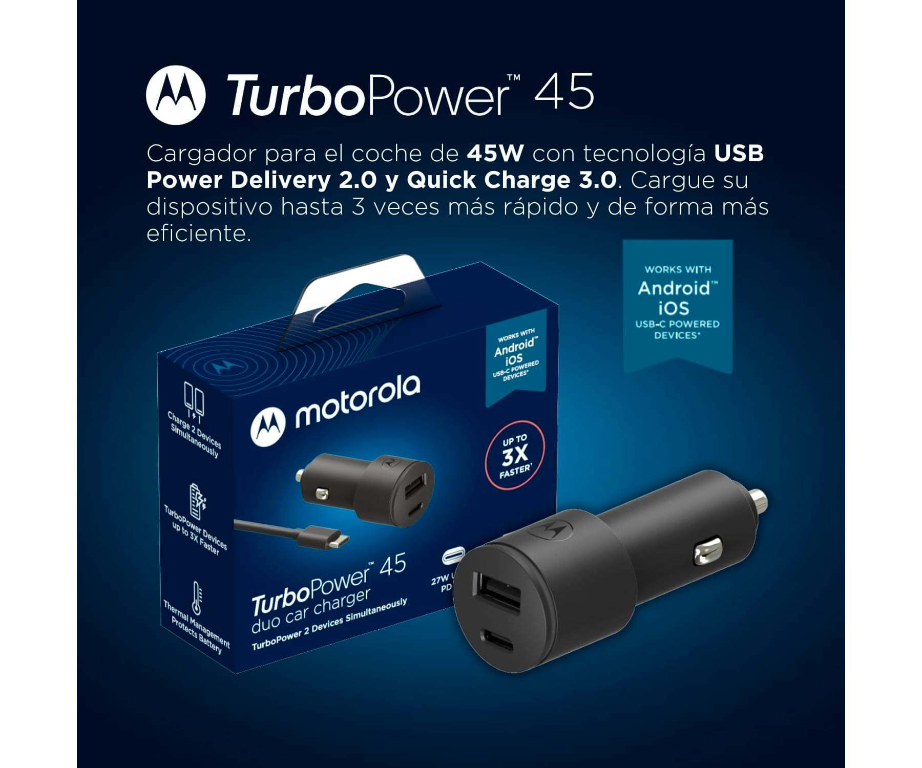 Cargador de coche Motorola negro con puertos USB.