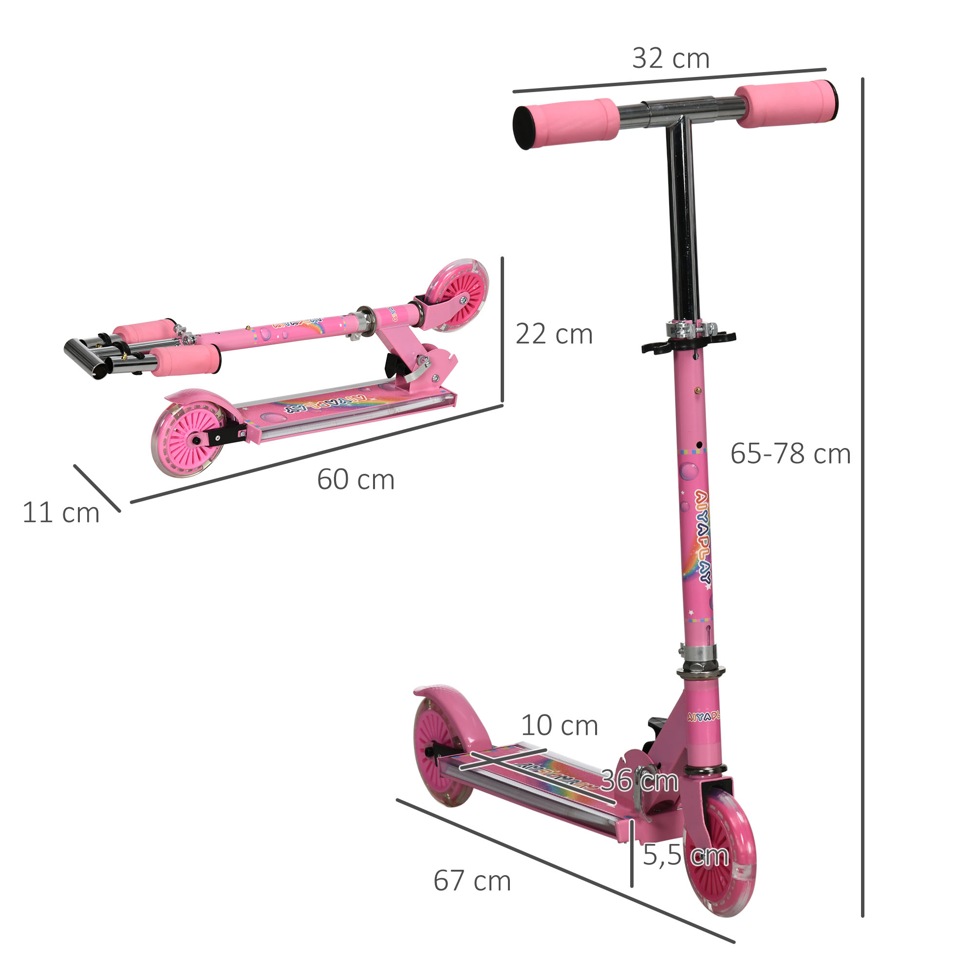 Patinete rosa con medidas. Muestra plegado y abierto con dimensiones.