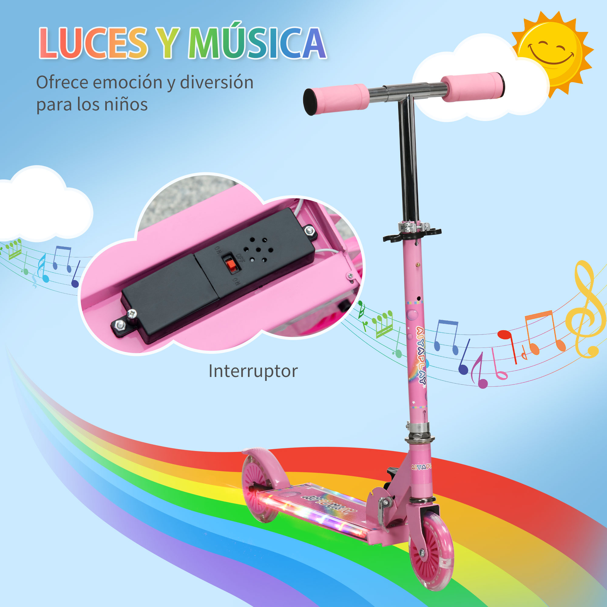 Un patinete rosa con luces y música, un arcoíris y un sol feliz en el fondo.