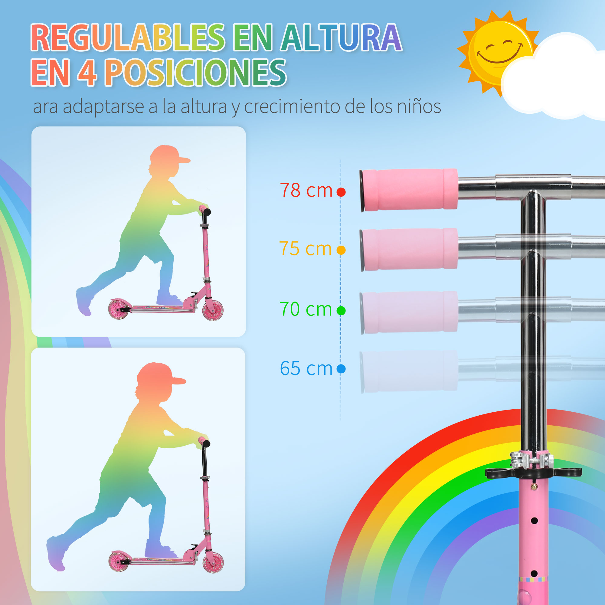 Patinete rosa con alturas ajustables, mostrado con siluetas de niños y un gráfico de arcoíris.