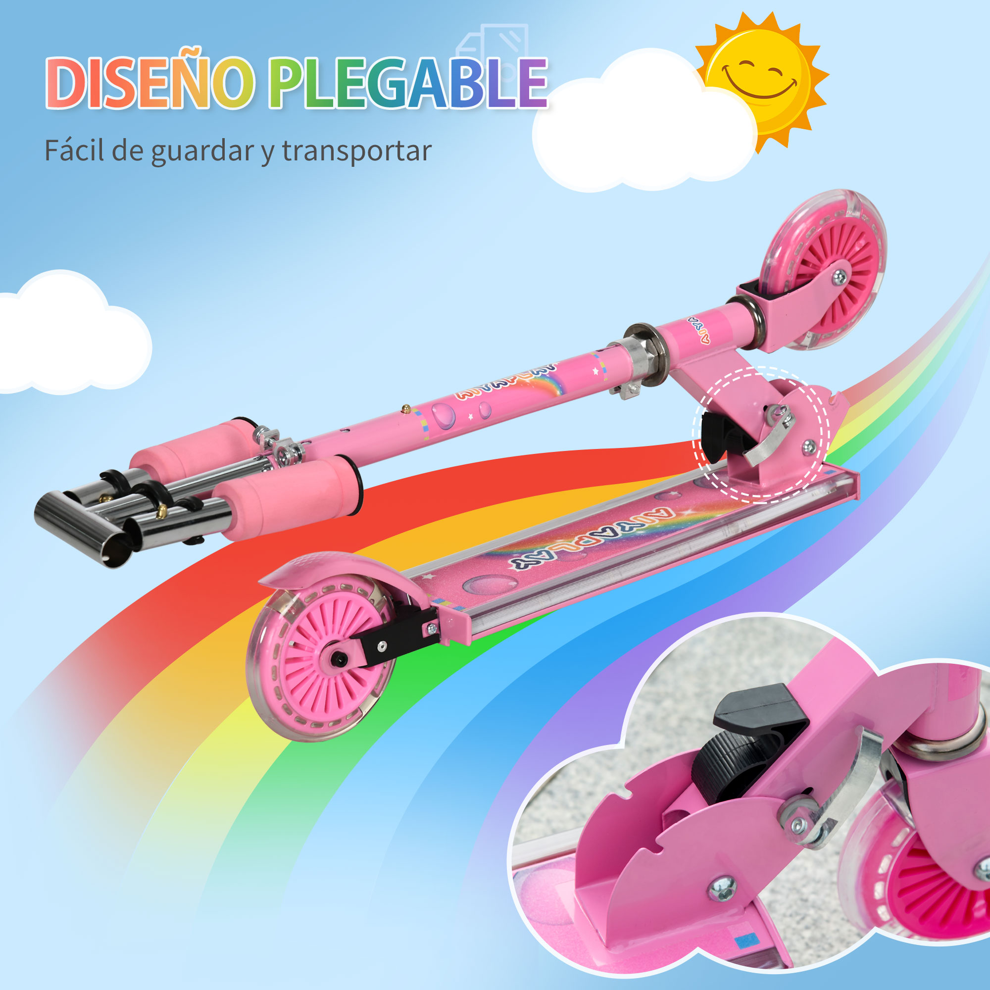 Patinete rosa plegable con arcoíris y sol en fondo azul.