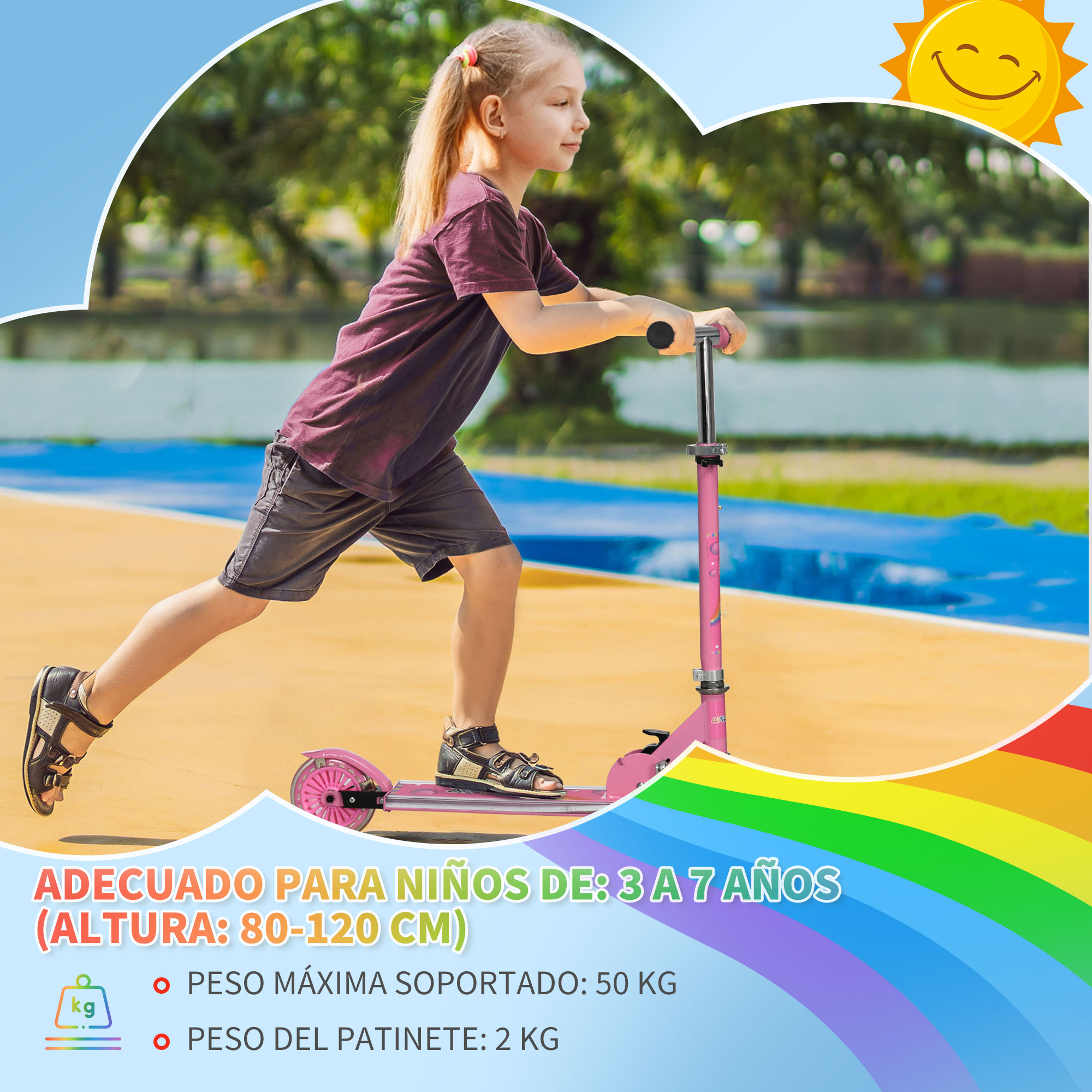 Una niña en un patinete rosa, con gráfico de arcoíris y sol. Texto dice 3-7 años.