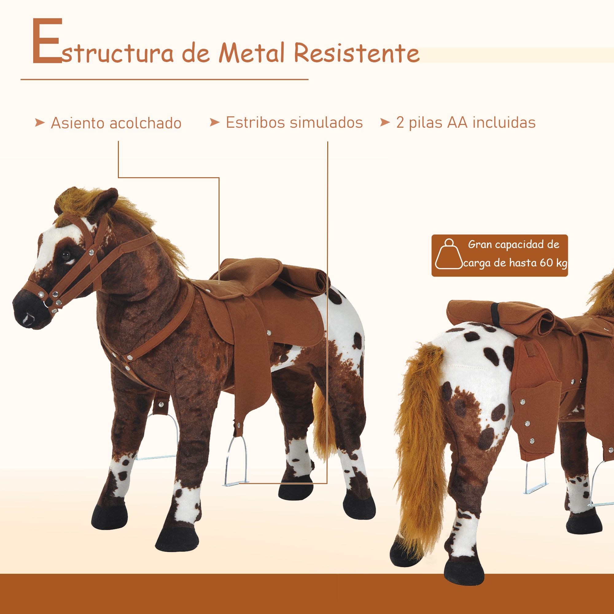 Caballo de juguete con silla. Marrón y blanco, con etiquetas de texto. El caballo está sobre una superficie blanca.
