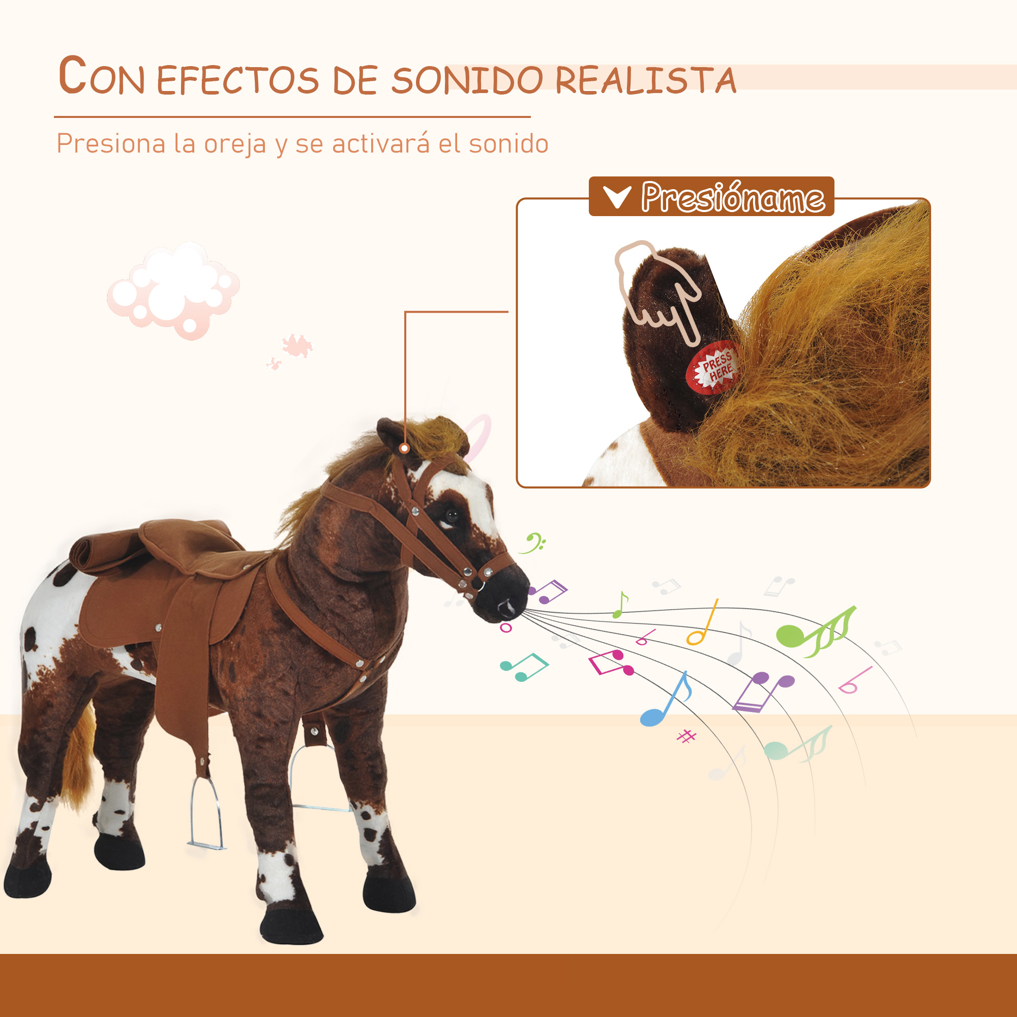 Un caballo de juguete con silla de montar y el texto 'Press Here' en su oreja.
