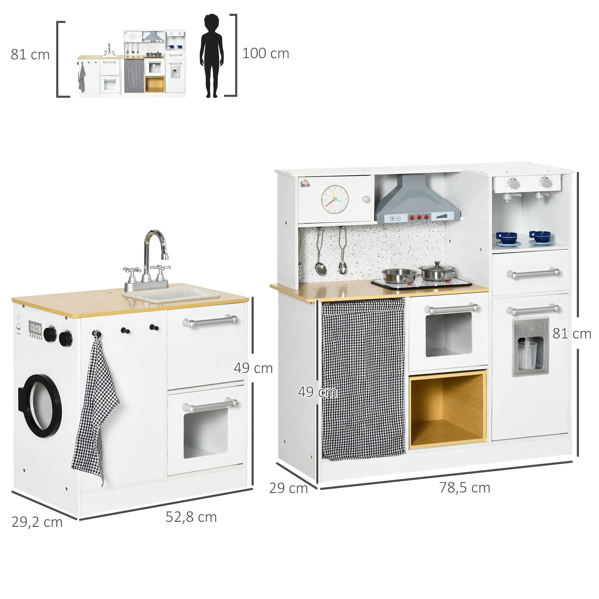 Cocina de juguete de madera blanca con electrodomésticos y guía de altura.
