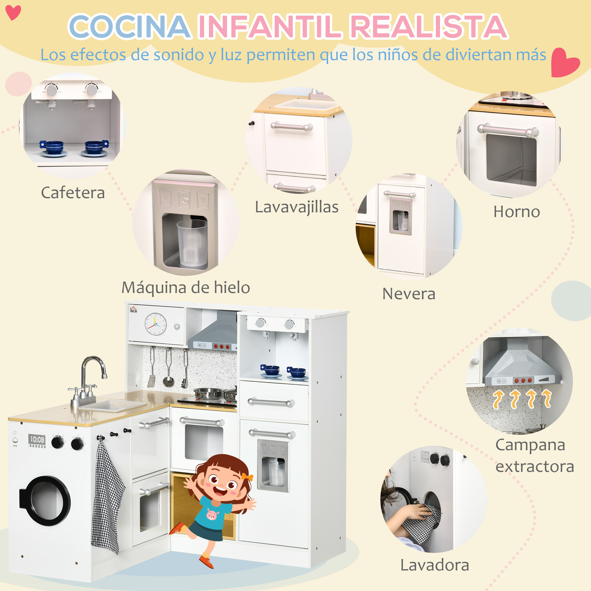 Cocina de juguete infantil con varios electrodomésticos: cafetera, fregadero, horno, nevera, lavadora.