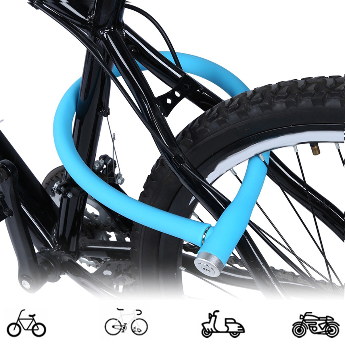 Blaues U-Schloss sichert ein Fahrradrad am Rahmen, mit Fahrrad- und Icon-Illustrationen darunter.