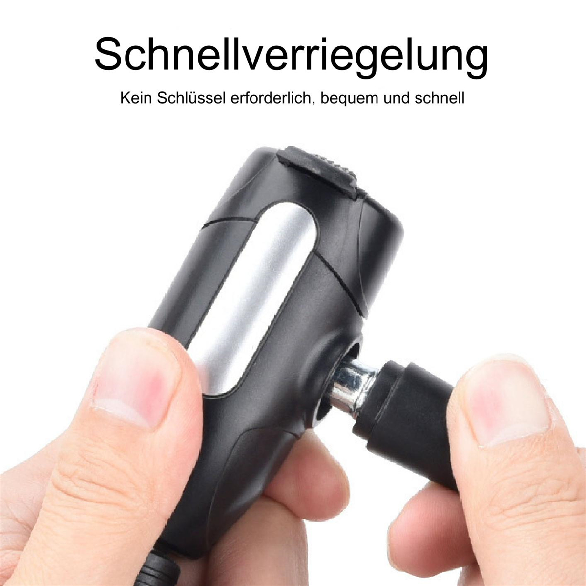Hände halten ein schwarzes Schloss mit einem Kabelschloss, Text auf Deutsch.