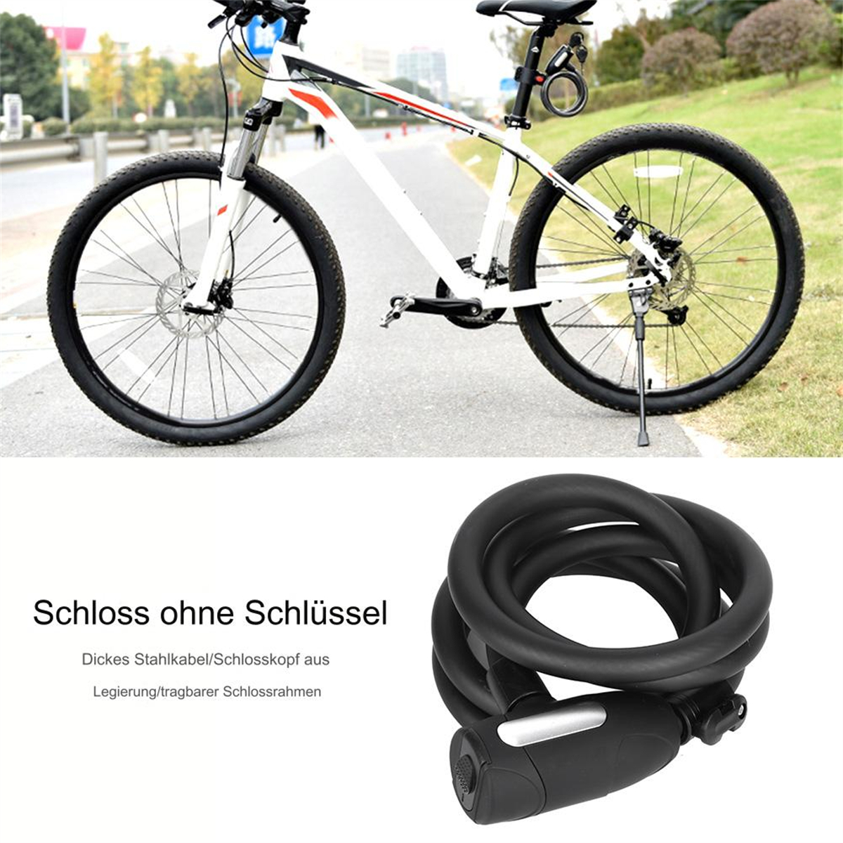 Weißes Fahrrad mit schwarzem Kabelschloss daneben. Das Schloss ist dick und schwarz.
