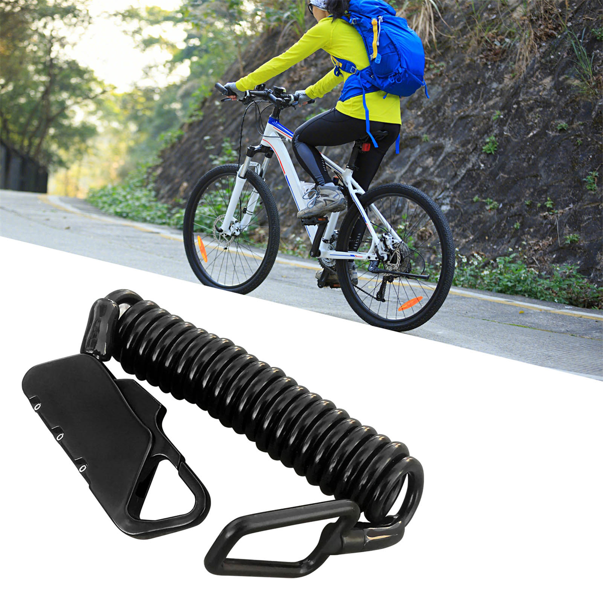 Ein schwarzes Fahrradschloss mit Zahlenschloss, befestigt an einem schwarzen Spiralkabel und einem Fahrrad.
