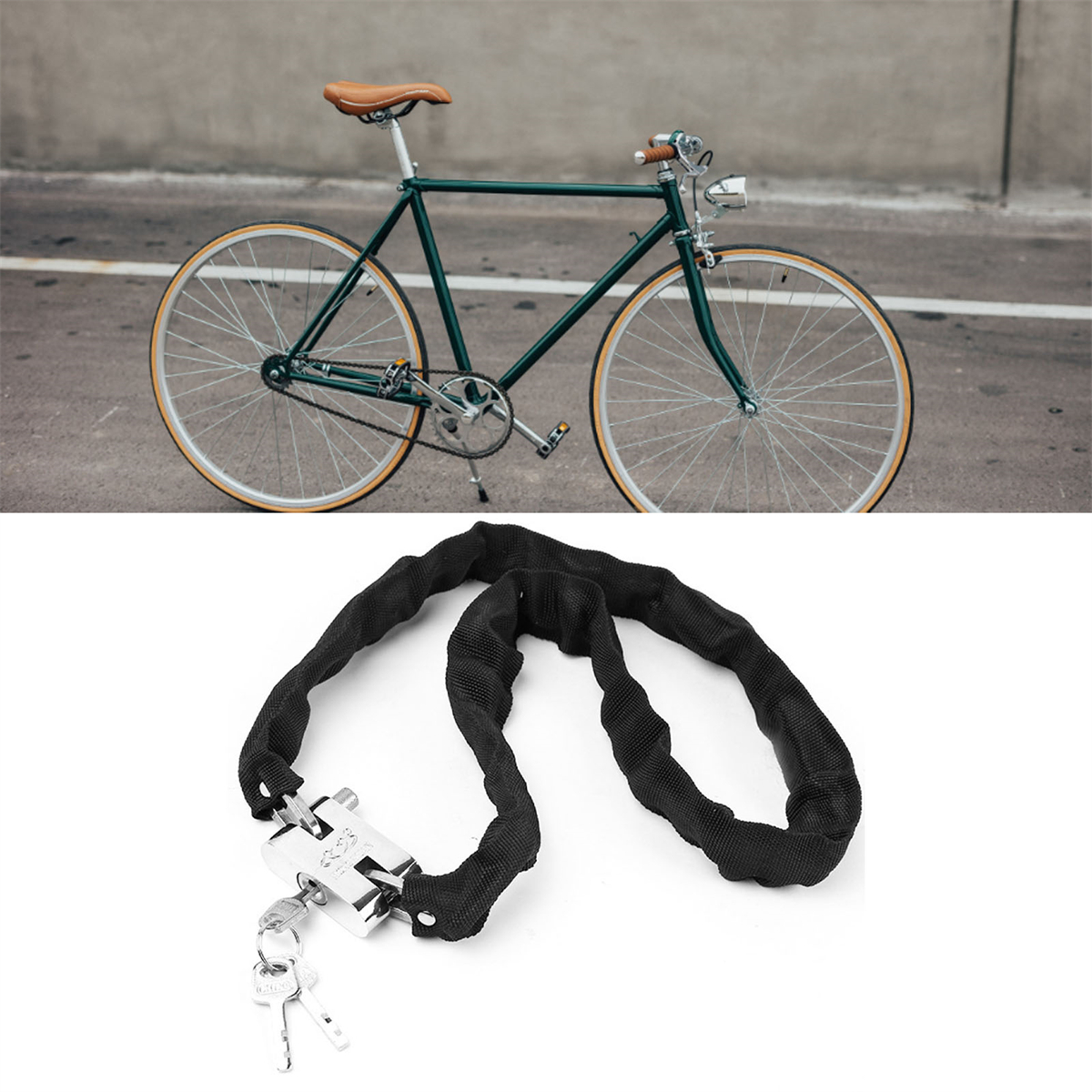 Grünes Fahrrad und schwarzes Kettenschloss mit Schlüsseln, vor grauem Hintergrund.