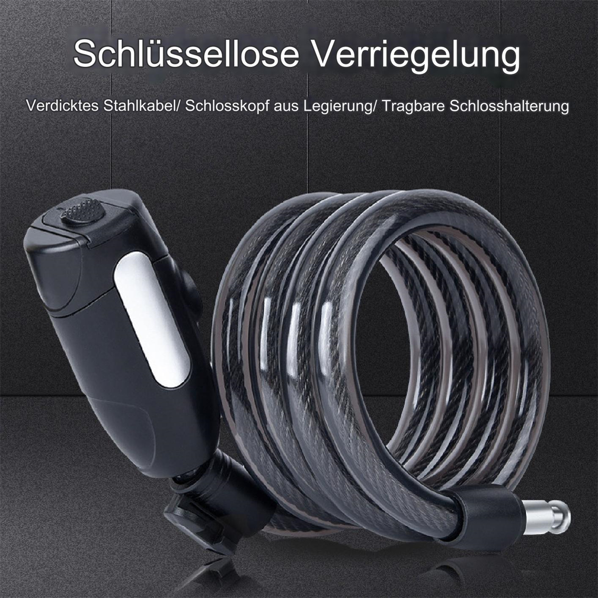 Schwarzes Fahrradschloss mit Kabel, aufgerollt und einem Verriegelungsmechanismus.