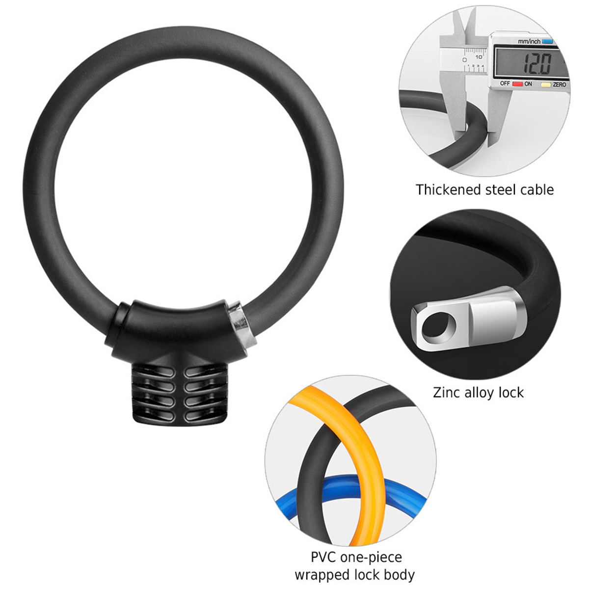 Schwarzes Fahrradschloss in Ringform. Enthält ein Stahlkabel und ein Schloss mit Zinklegierungskörper.