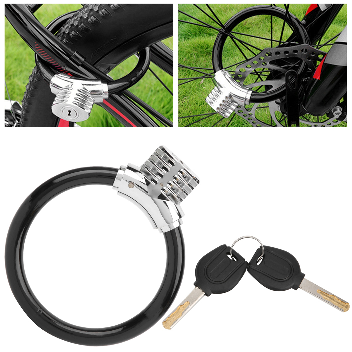 Fahrradschloss und Schlüssel. Das Bild zeigt das Schloss an einem Fahrradreifen und einer Scheibenbremse. Schwarz und Silber.