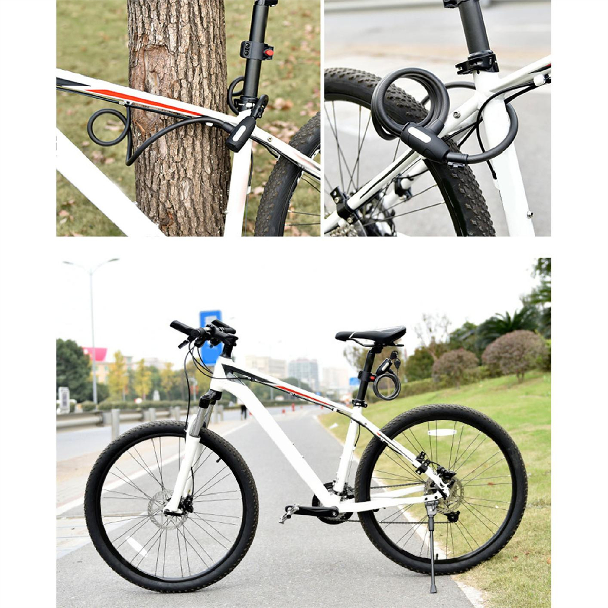 Weißes Fahrrad mit einem schwarzen Kabelschloss an einem Baum befestigt. Das Fahrrad steht auf einer Straße.