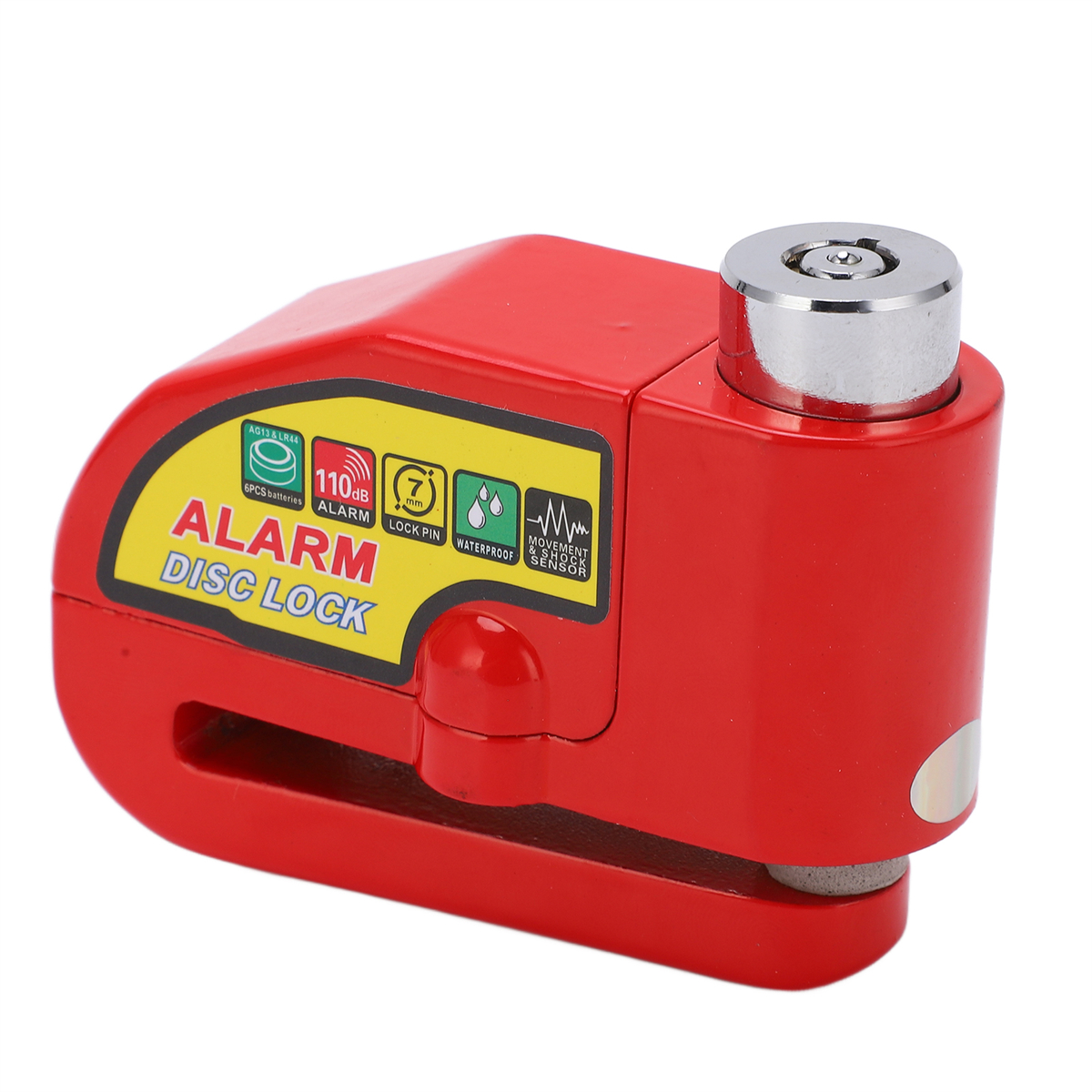 Ein rotes Scheibenschloss mit Alarm, mit Details zum Alarm und seinen Funktionen.