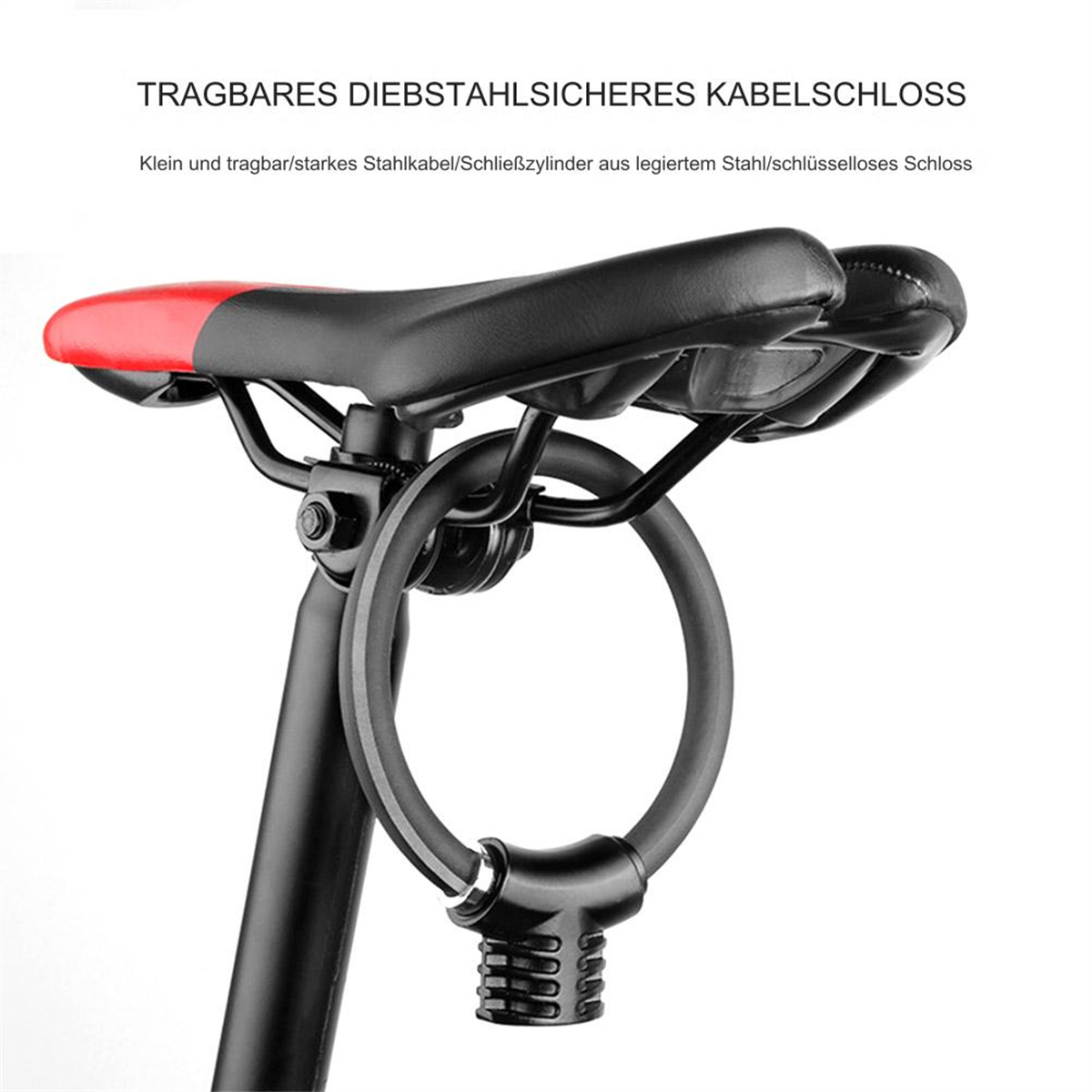 Ein schwarzes und silbernes Scheibenbremsschloss, das an einem Fahrradrad mit Speichen befestigt ist.