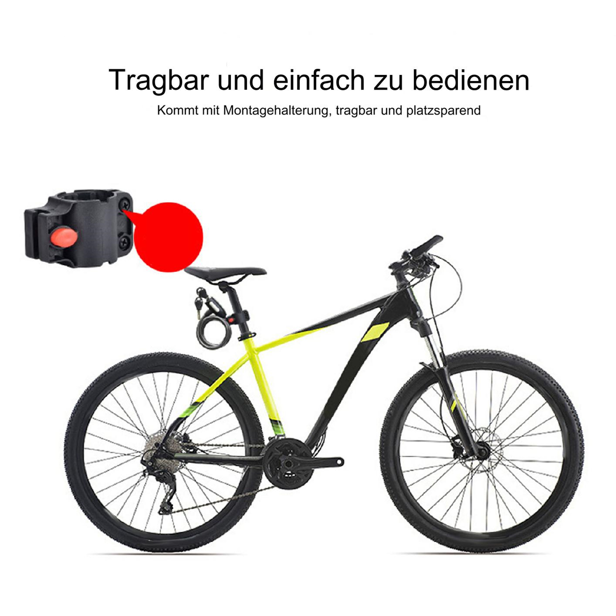 Schwarz-gelbes Fahrrad mit montiertem Fahrradschloss. Das Schloss ist schwarz.