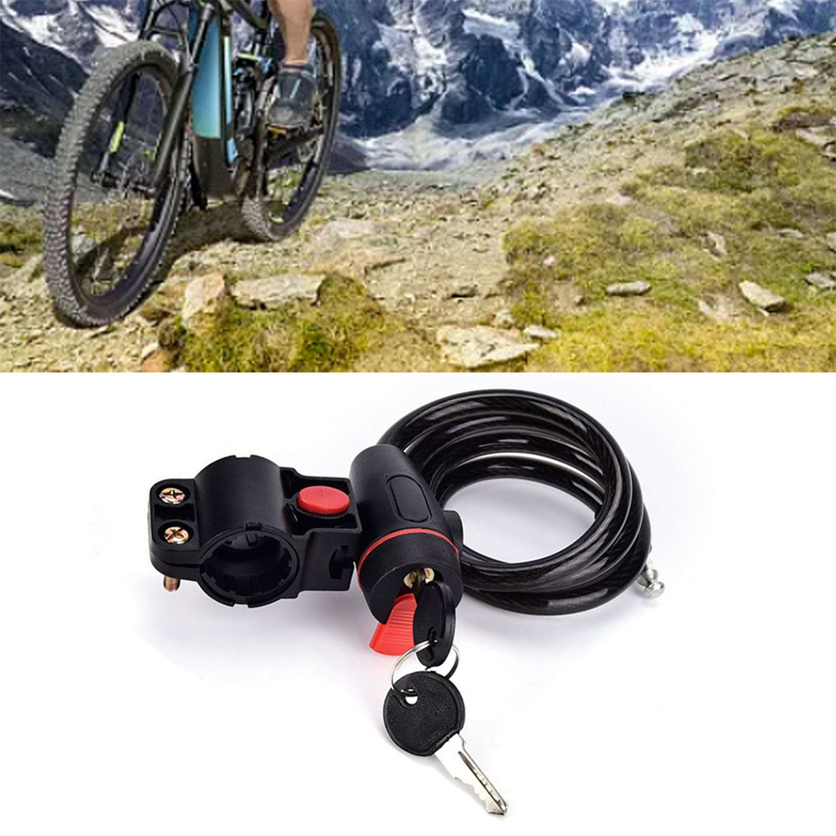 Ein Fahrrad auf einem Bergpfad und ein Fahrradschloss mit Schlüsseln. Das Schloss ist schwarz, die Schlüssel rot.