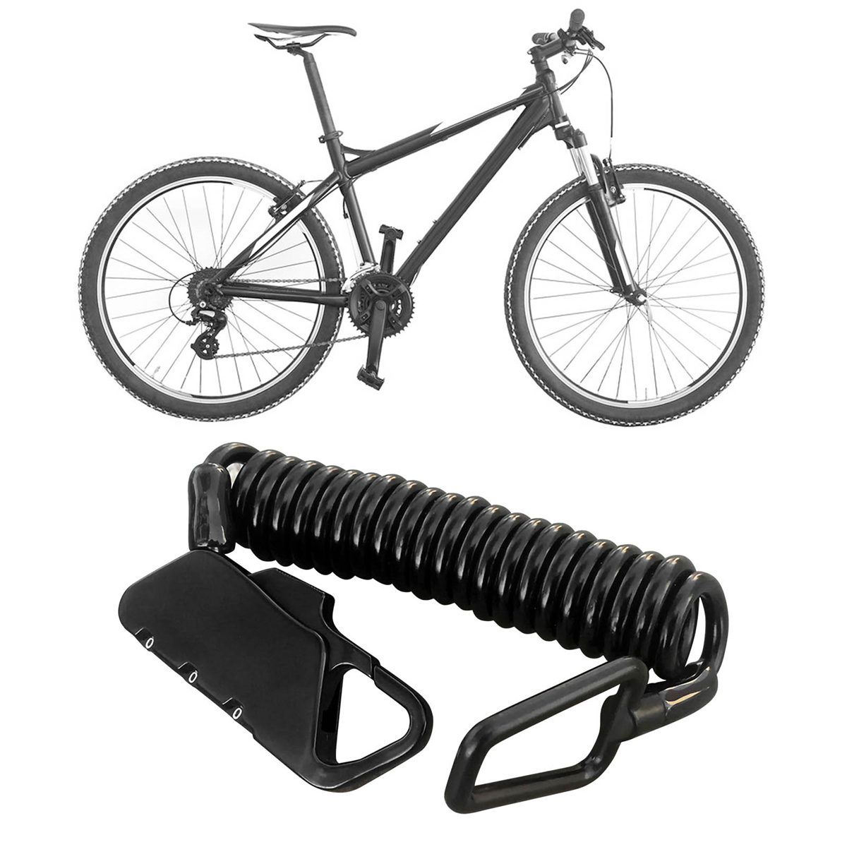 Ein schwarzes Mountainbike und ein schwarzes Spiralfahrradschloss mit einem angebrachten Zahlenschloss.