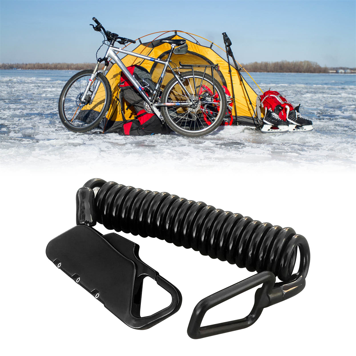 Fahrrad, Zelt und Ausrüstung auf Eis, mit schwarzem Sicherheitskabel.