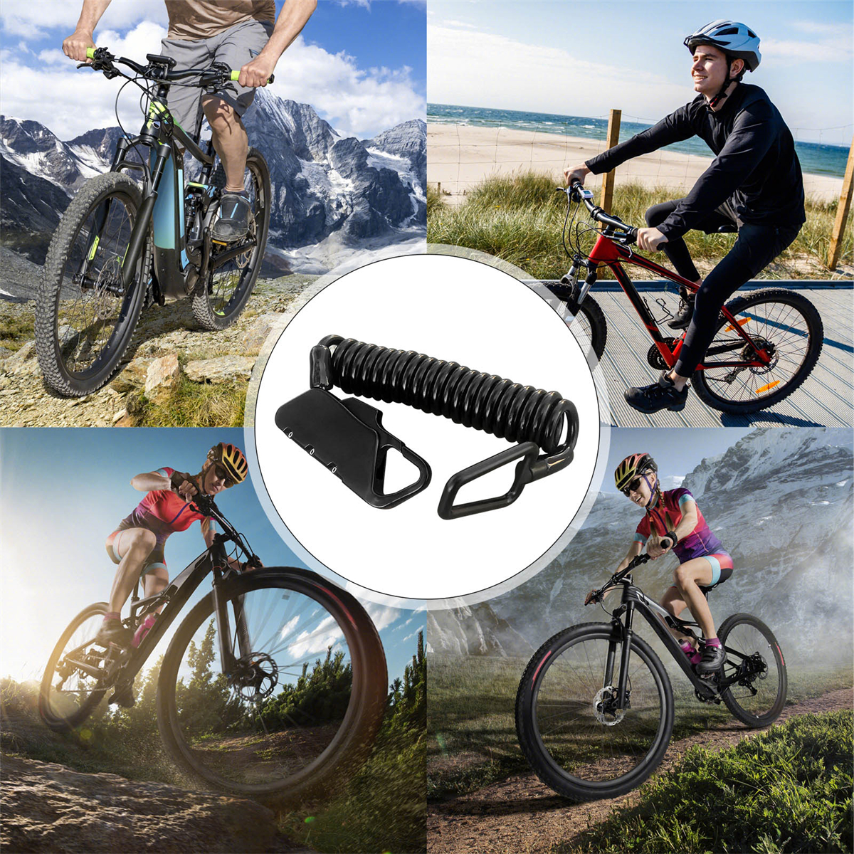 Collage von Radfahrern. Einer auf Bergpfad, einer auf Strandweg und zwei auf asphaltierten Wegen. Zubehör wird gezeigt.
