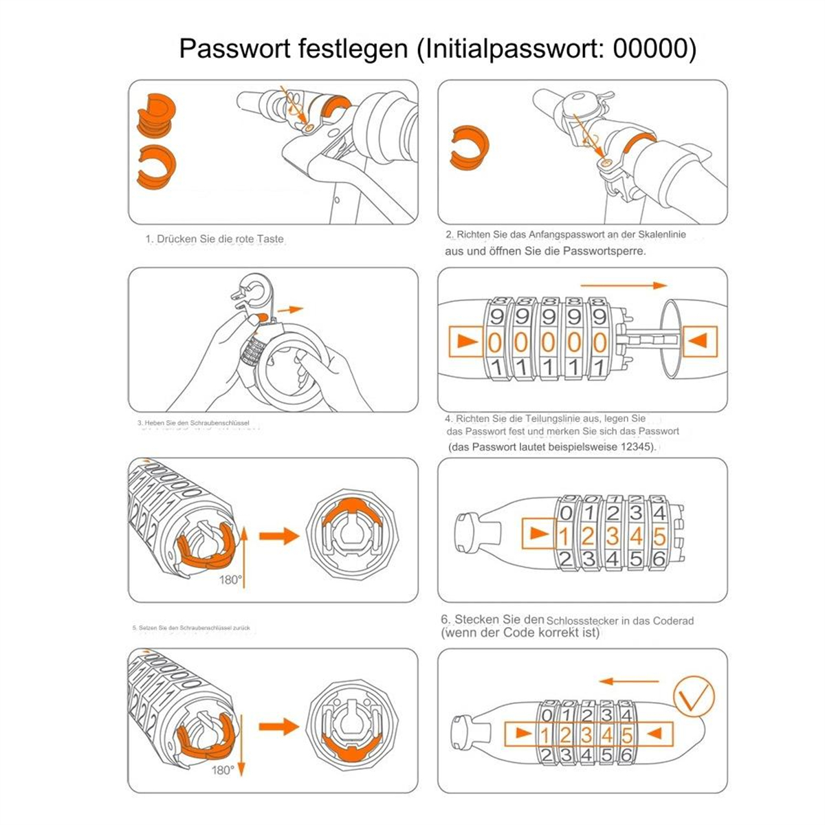 Diagramm zur Passworteinstellung eines Fahrradschlosses, mit nummerierten Schritten und Bildern.