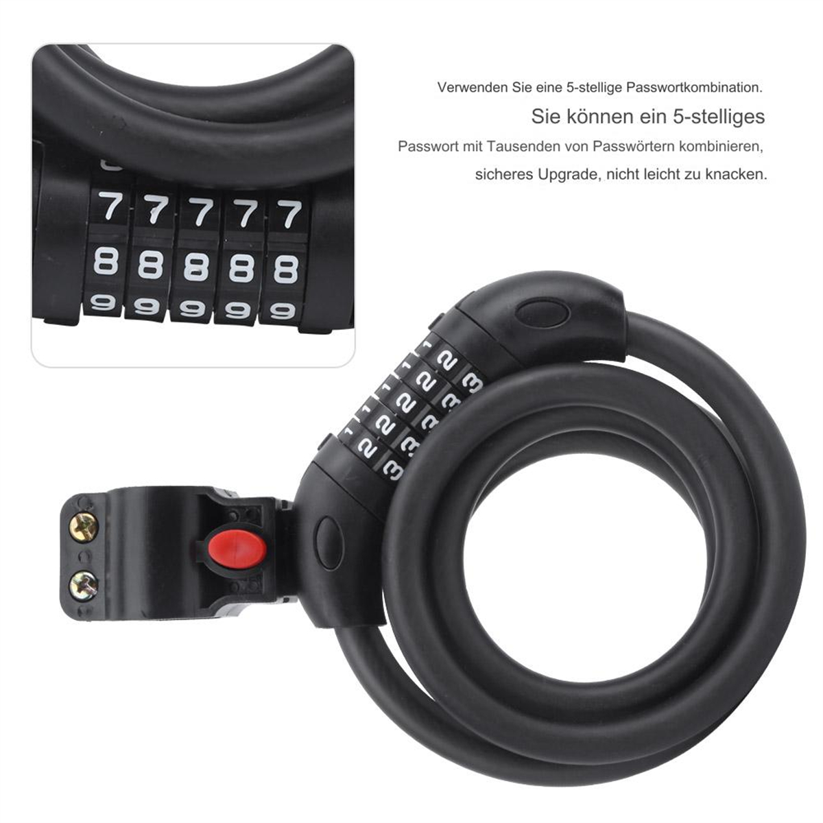 Ein schwarzes Zahlenschloss mit den Ziffern 77777, 88888 und 99999 sichtbar, an einem schwarzen Kabel.