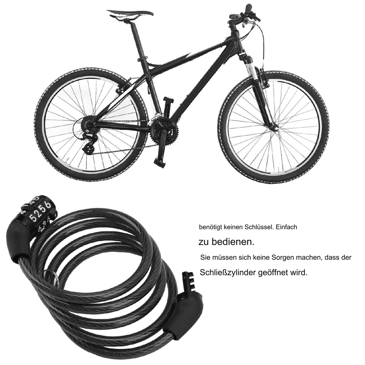 Ein schwarzes Fahrrad und ein gewendeltes schwarzes Fahrradschloss mit Schlüssel und ein Zahlenschloss werden gezeigt.