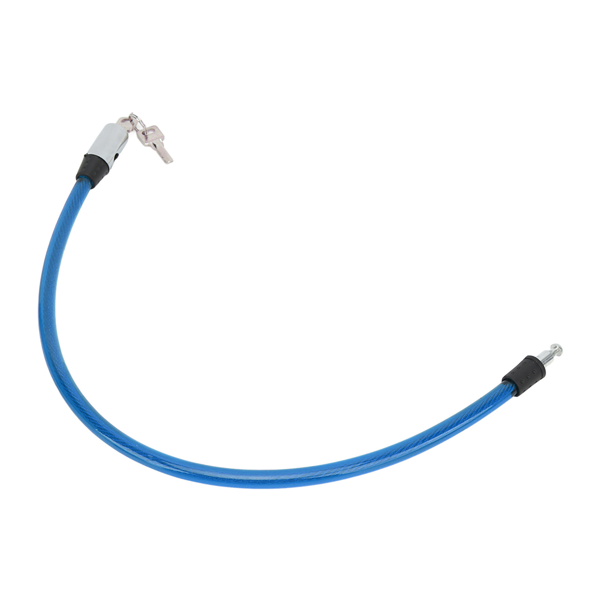 Ein blaues Fahrradschloss mit Kabel und Schlüssel. Das Schloss ist gebogen.