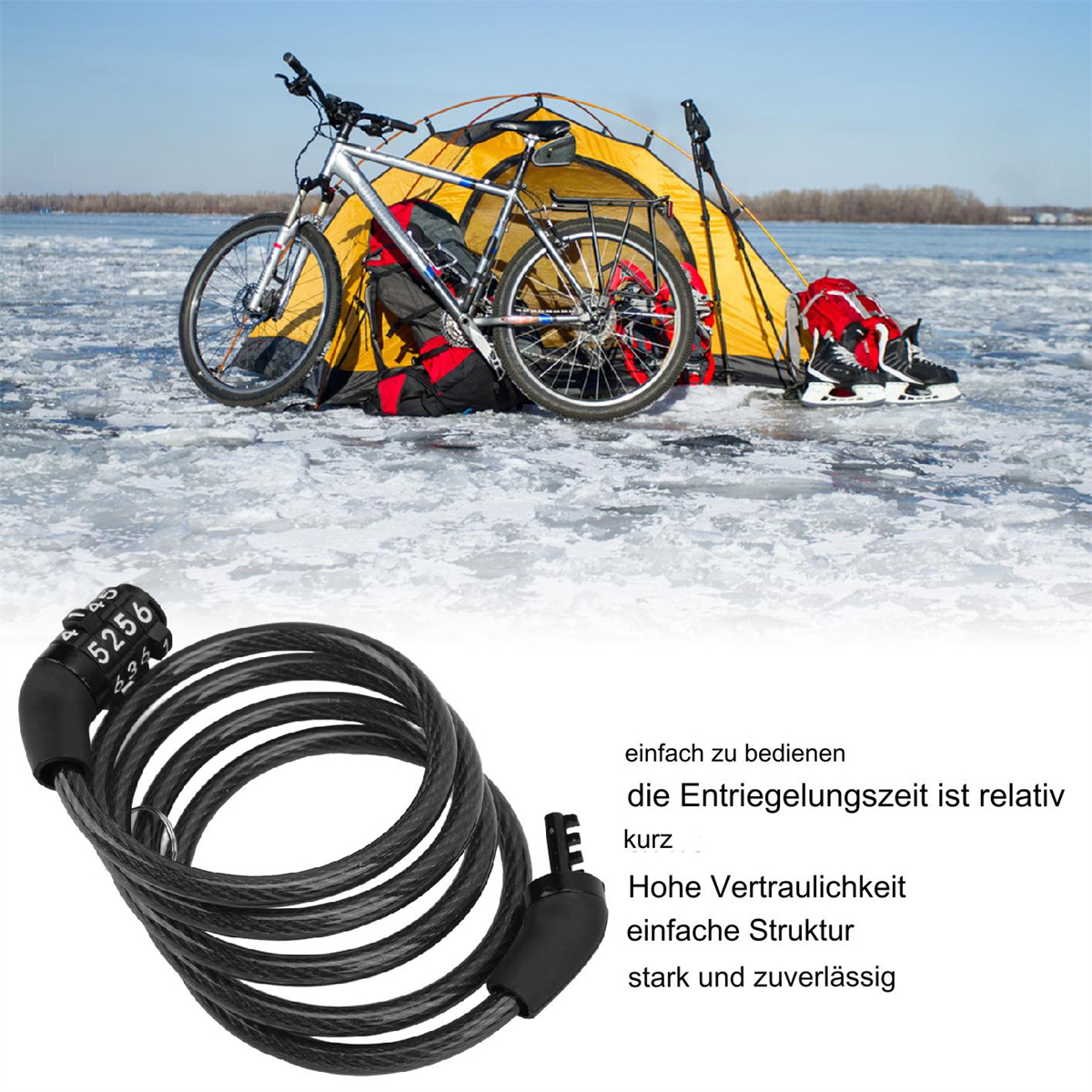 Ein schwarzes Fahrradschloss mit einem Fahrrad, Zelt und Schnee. Das Schloss hat Zahlen.