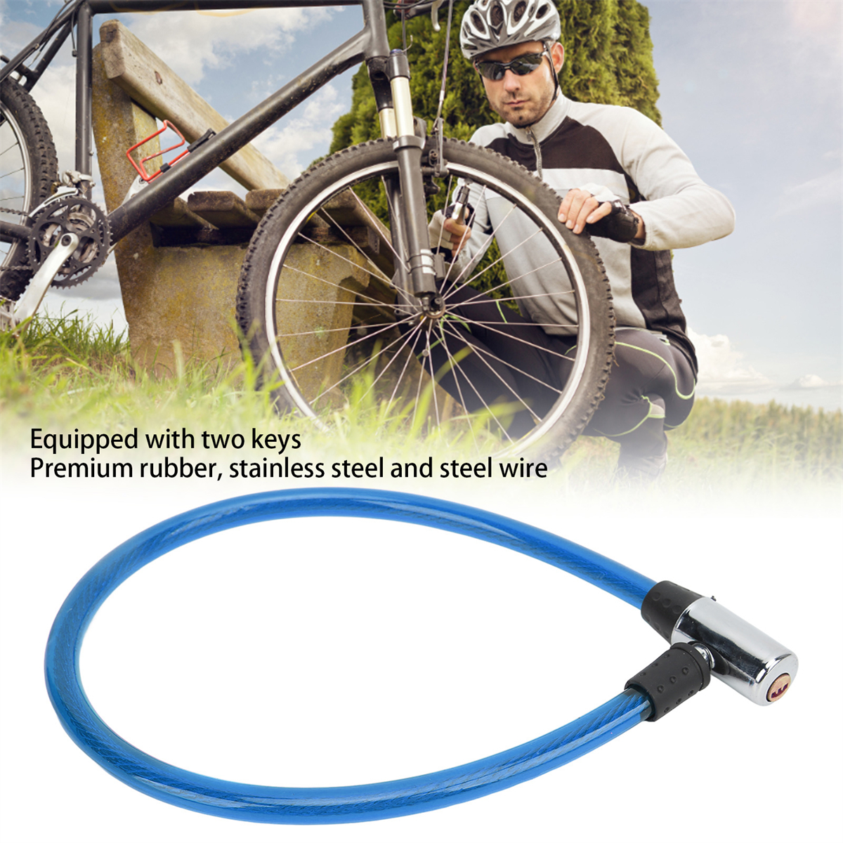 Ein Mann verriegelt ein Fahrrad mit einem blauen Kabelschloss, Text erwähnt Schlüssel.