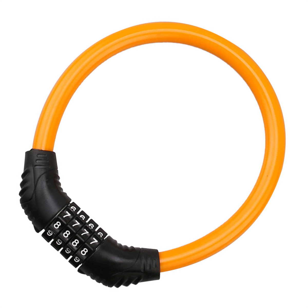 Oranges Kombinations-Fahrradkabelschloss. Schwarzer Verriegelungsmechanismus mit Ziffern.