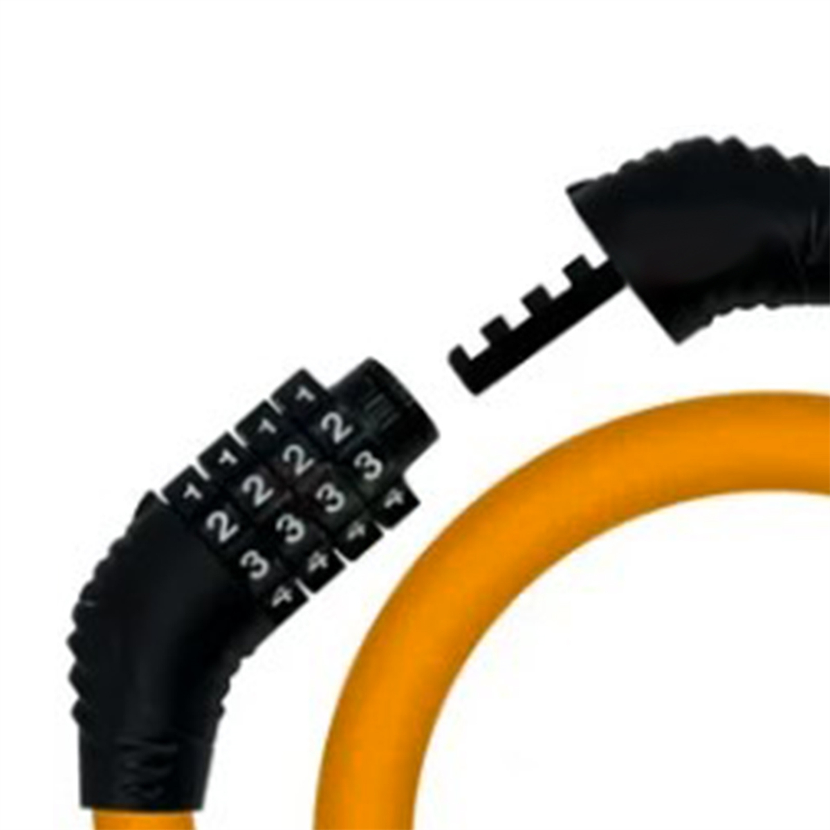 Nahaufnahme eines schwarzen Zahlenschlosses an einem orangefarbenen Kabel. Zahlen sind sichtbar.