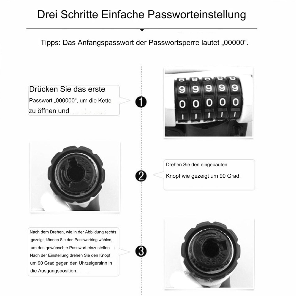 Anweisungen zur Einstellung eines Zahlenschlosses mit Diagrammen und Text.