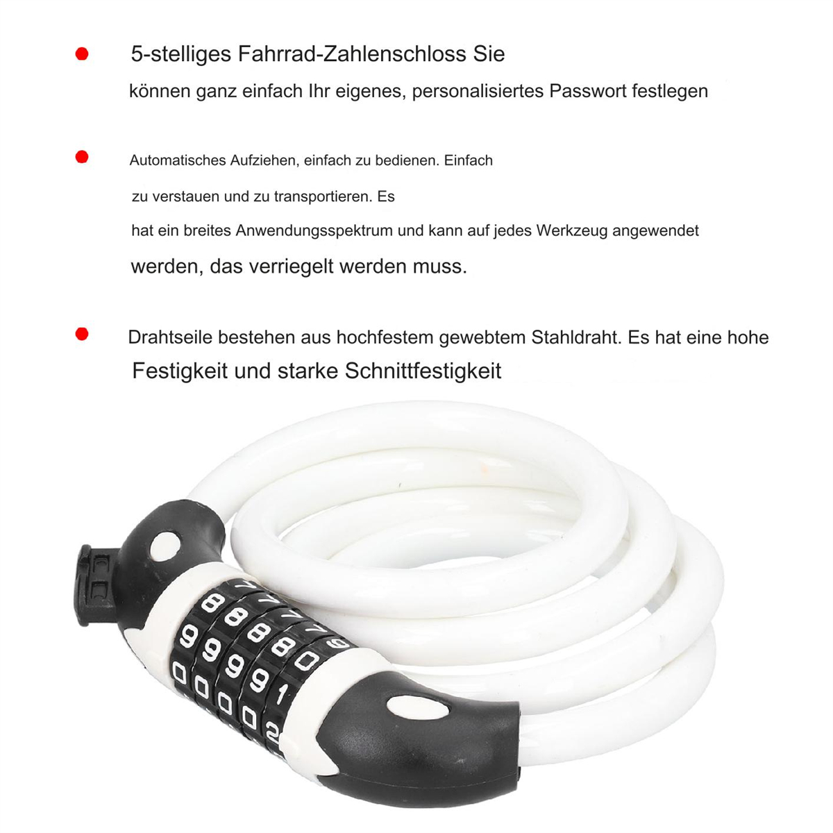 Fahrradschloss mit Zahlenkombination und weißem Kabel. Schwarz-weißes Design.