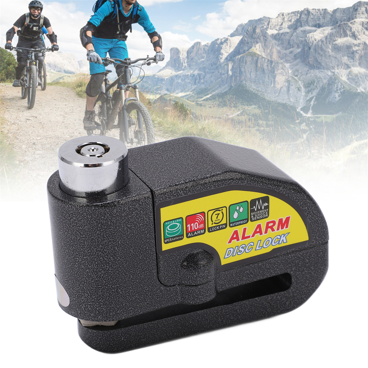 Schwarzes Bremsscheibenschloss mit Alarm. Gelber Aufkleber, zwei Radfahrer im Hintergrund.
