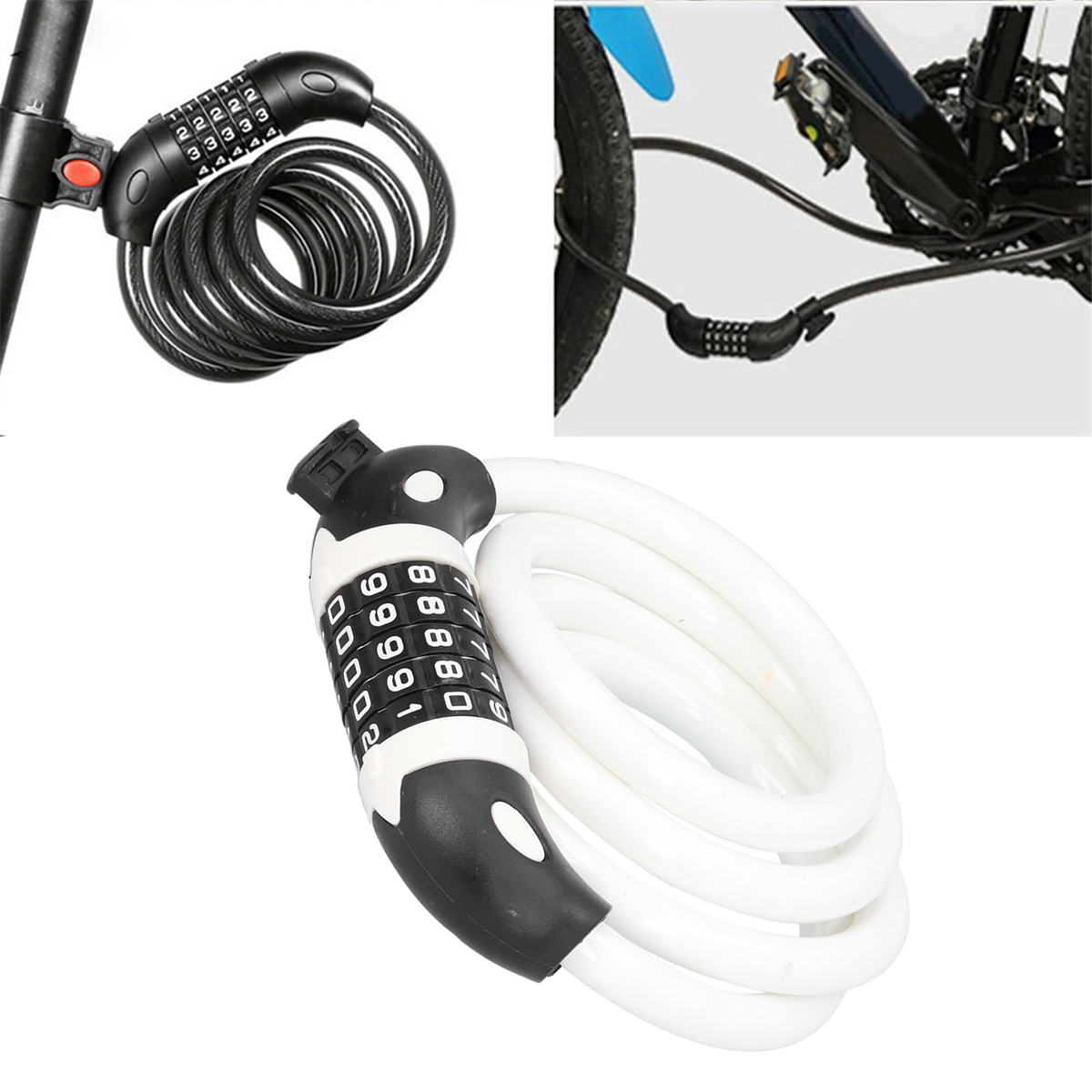 Fahrradschlösser in verschiedenen Ansichten. Eines mit schwarzem Kabel, eines mit weißem Kabel.