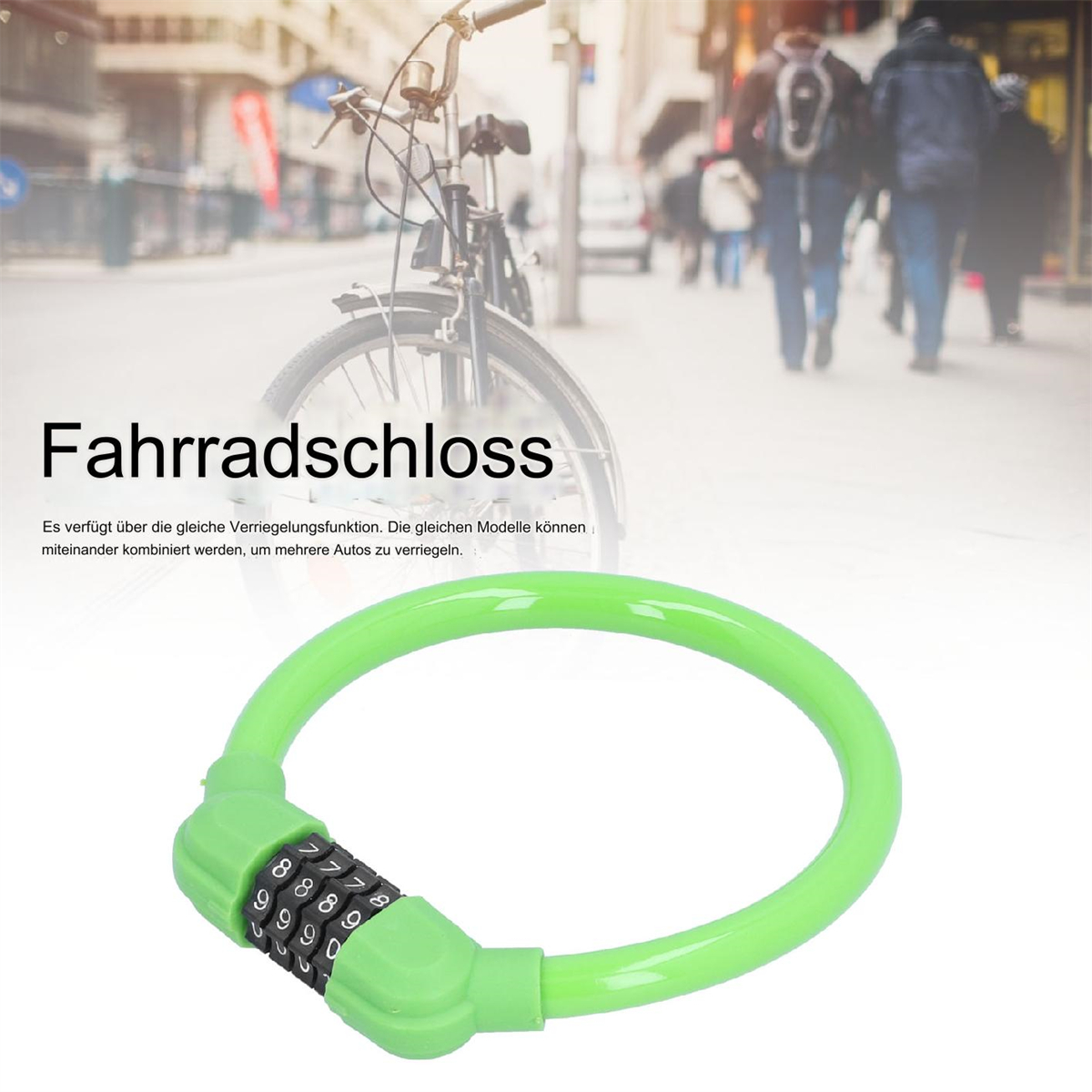Ein grünes, flexibles Fahrradschloss mit einem Kombinationswahlrad. Das Wort Fahrradschloss steht oben.