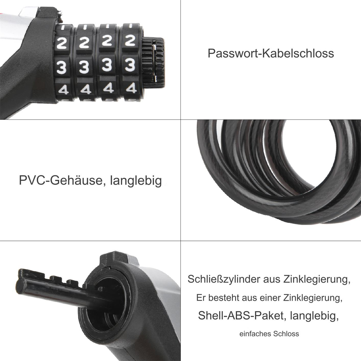 Nahaufnahme eines Zahlenschlosses mit Zahlen und Kabel.