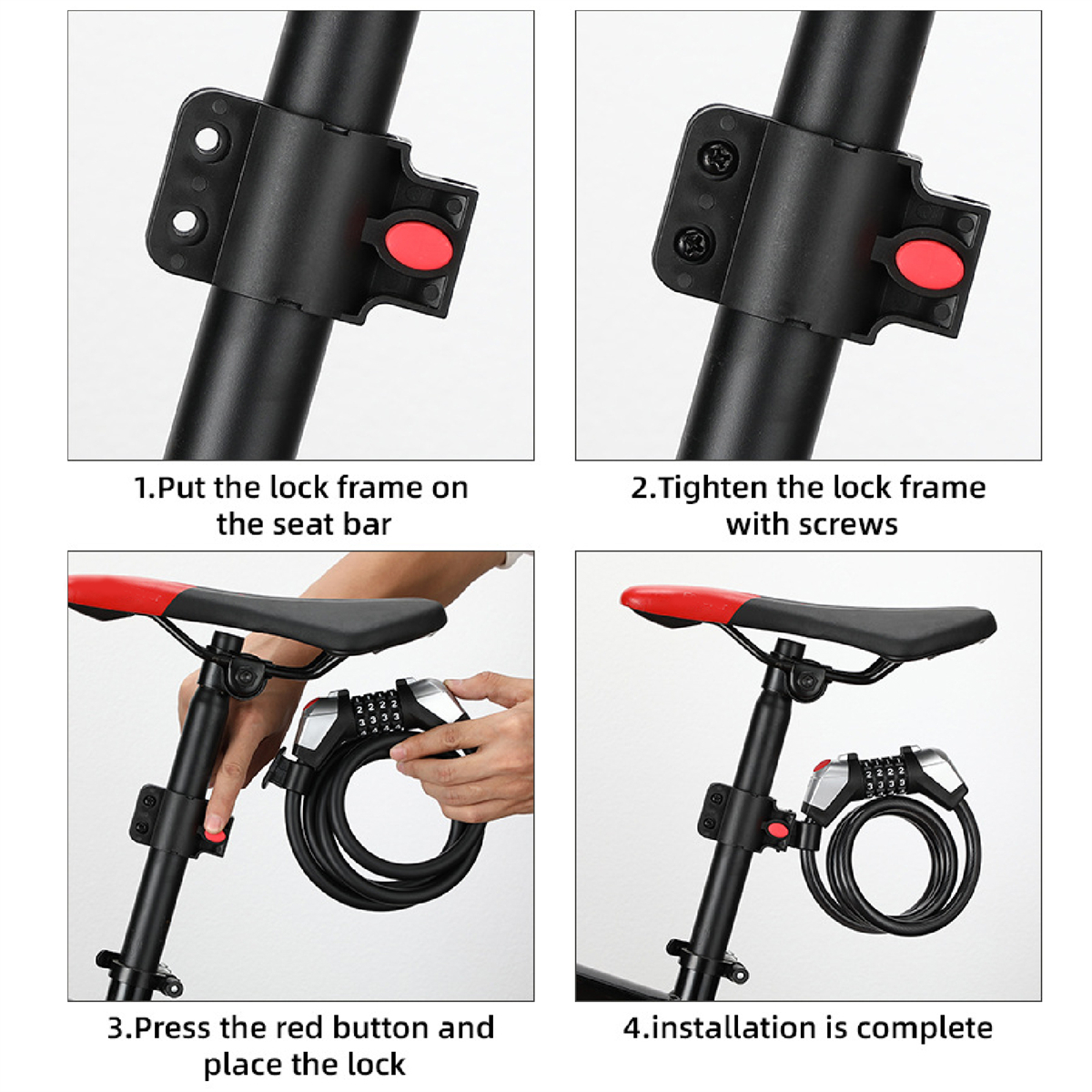 Anweisungen zur Installation eines Fahrradschlosses, die Schritte zum Anbringen und Sichern zeigen.