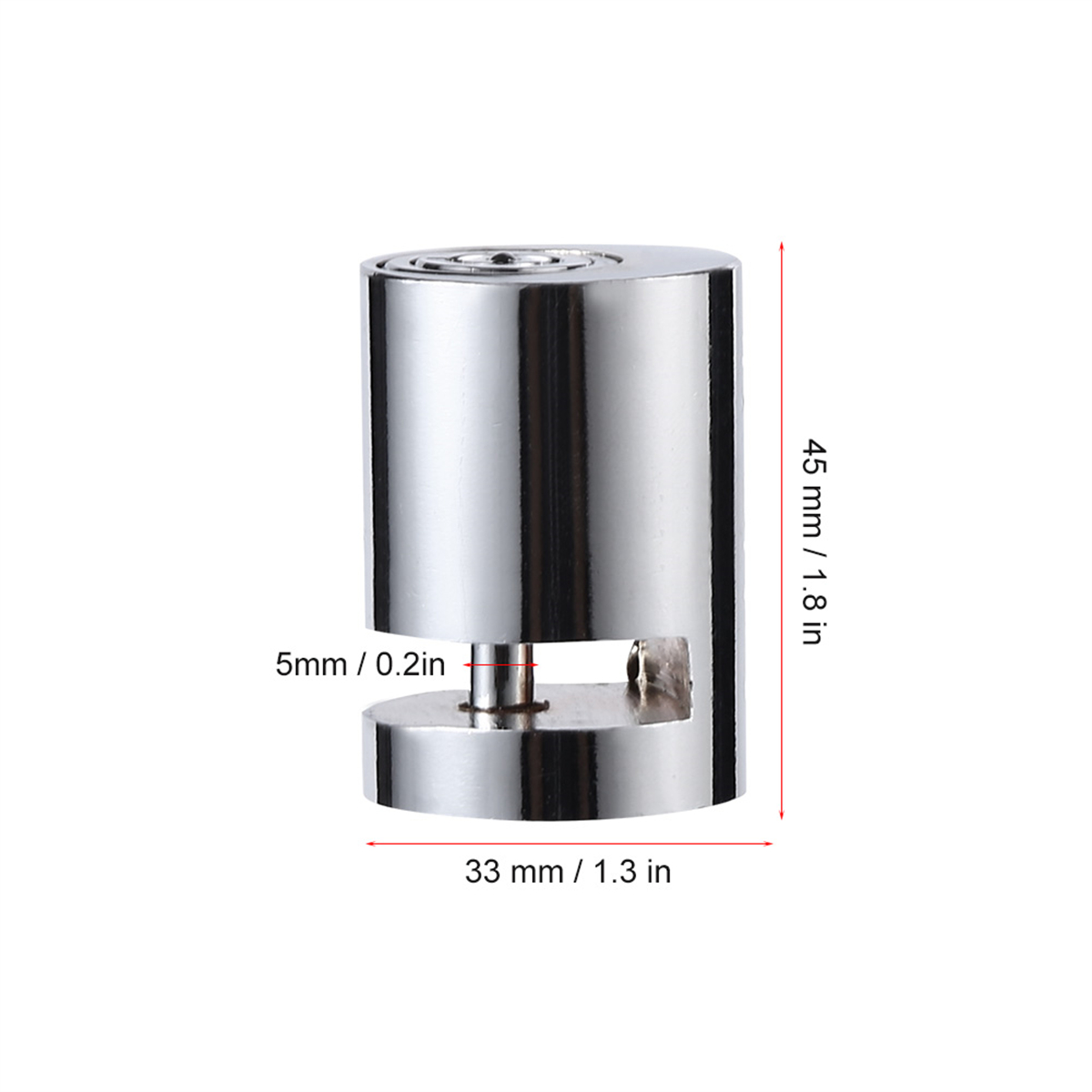 Silberne Scheibenbremssperre. Sie hat die angegebenen Abmessungen: 45 mm hoch und 33 mm breit. Weißer Hintergrund.